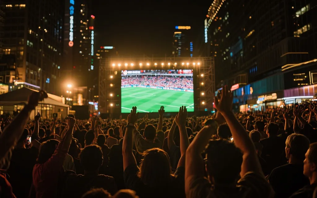 城市夜晚的街头观赛场景，人们围着大屏幕看球，灯光温暖