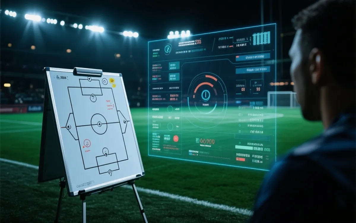2026世界杯赛前分析场景：教练战术板、球场灯光与数据图层叠加的视觉概念图